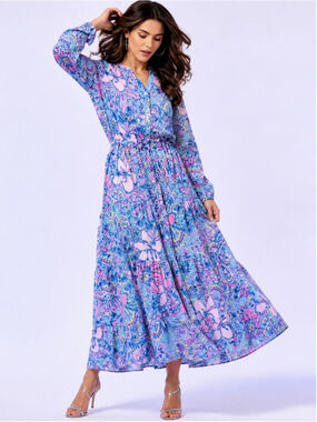 Lilly Pulitzer Maxi Dress Size 4 Blue Pink Floral Long Sleeve Tiered Belted